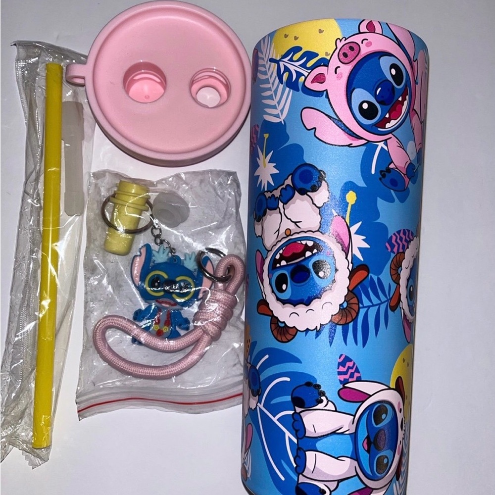NWT Stitch 20oz Tumbler Cup Set Lid Straw Keychain Blue Pink